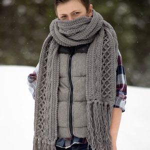 Men's Super Scarf Crochet Pattern, DIGITAL PDF DOWNLOAD, Long Textured Ski Scarf for Adults, Fancy Winter Accessory with Fringe