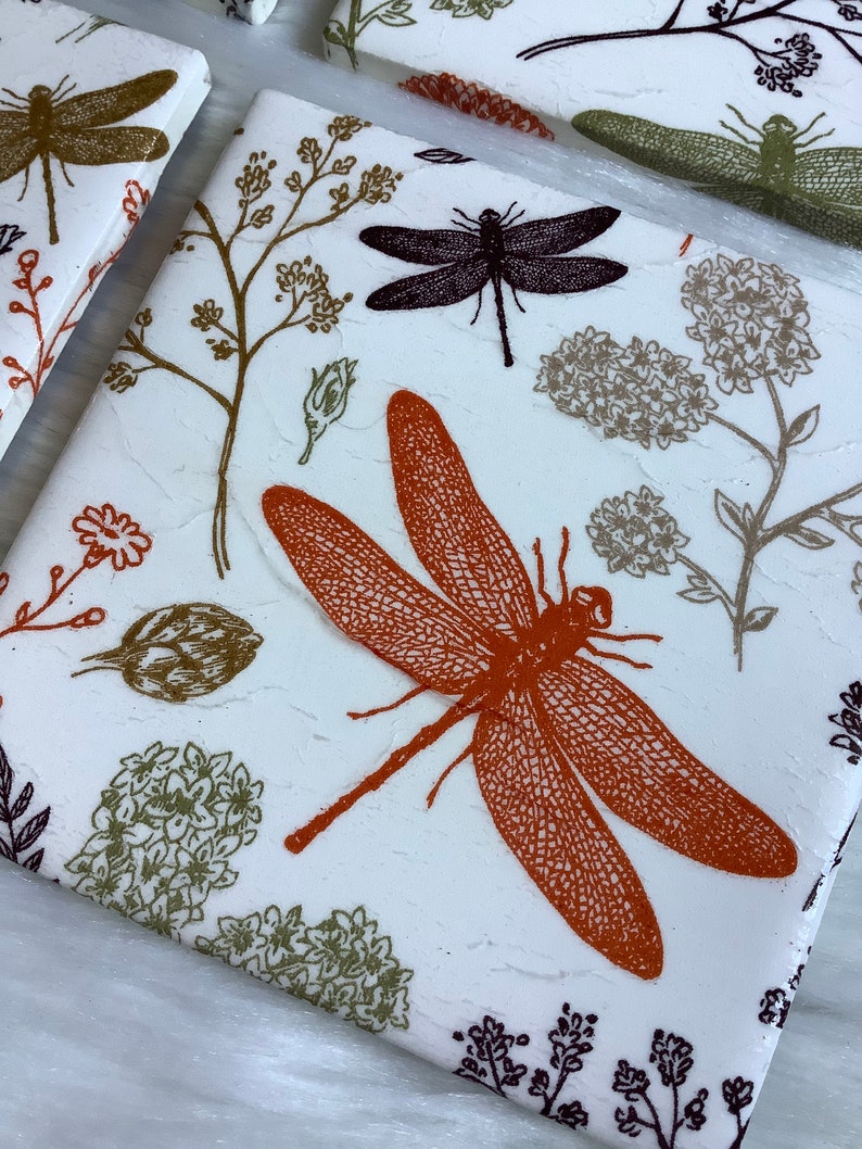 Rustic Coasters,Sesonal Decor Napkin Coasters Set of 4 Upcycled Coasters Decoupage Coasters Tile Coasters Autumn Dragonflies Coasters