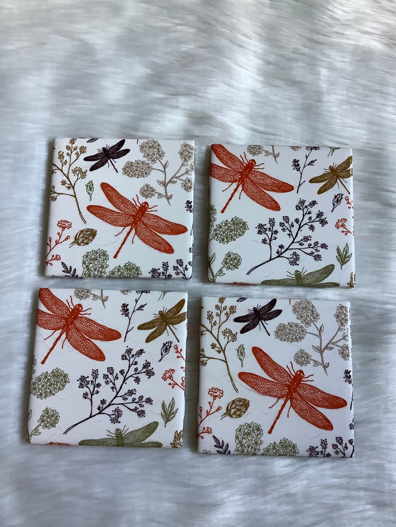 Rustic Coasters,Sesonal Decor Napkin Coasters Set of 4 Upcycled Coasters Decoupage Coasters Tile Coasters Autumn Dragonflies Coasters