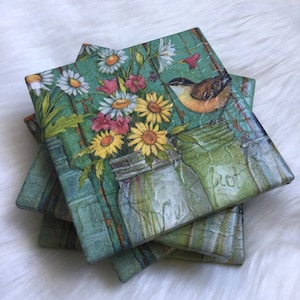 Vintage Robin Blue Bird Coasters - Set of 4 - Upcycled Coasters  - Napkin Coasters  - Tile Coasters