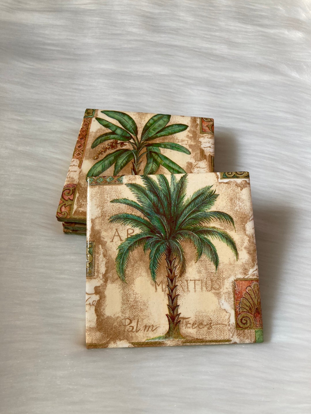 Tiki Palms Coasters, Set of 4, Repurposed Coasters, Napkin Coasters