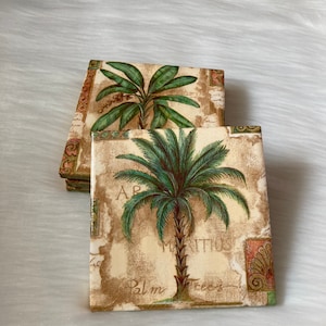 Tiki Palms Coasters, Set of 4, Repurposed Coasters, Napkin Coasters, Tile Coasters, Decoupage Coasters, Drink Coaster, Palm Tree Decor