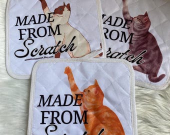 Made From Scratch Cat Pot Holder, Pot Holder Set, Cat Lover Gift, Baker Cooking Gift, Sublimation Pot Holder, Quilted Kitchen Pot Holders