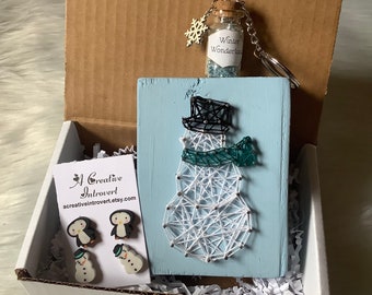 Snowman Winter Gift Box, Winter Wonderland, Snowman String Art Decor, Penguin Earrings, Glitter Keychain, Happy Mail Gift, Love Care Package
