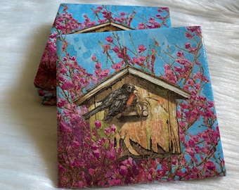 Home Sweet Robins Nest  Coasters, Set of 4, Repurposed Coasters, Napkin Coasters, Tile Decoupage Coasters, Drink Coaster, Spring Bird Decor
