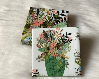 Show Some Love Coasters, Set of 4, Repurposed Coasters, Napkin Coasters, Tile Coasters, Spring Coasters, Decoupage Wildflowers Decor