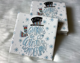 Winter Wonderland Coasters, Set of 4, Upcycled Coasters, Napkin Coasters, Tile Coasters, Cabin Coasters, Seasonal Decor, Decoupage Coasters