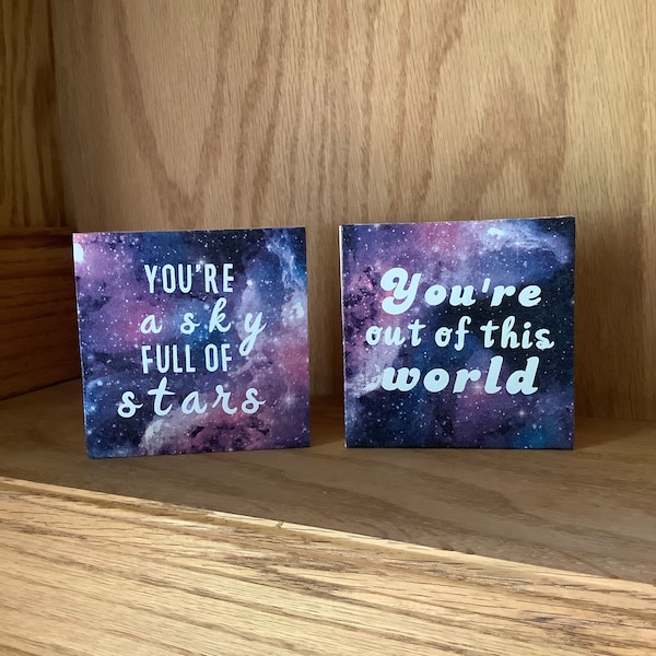 Galaxy Celestial Decor, Decoupage Napkin Wooden Blocks, Set of 2, 4x4, Shelf Desk Decor, Upcycled Art, Napkin Decor, Seasonal Decor