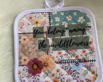 Floral Patchwork Pot Holder, Pot Holder Set, Christian Gift, Baker Cooking Gift, Sublimation Pot Holder, Quilted Kitchen Pot Holders