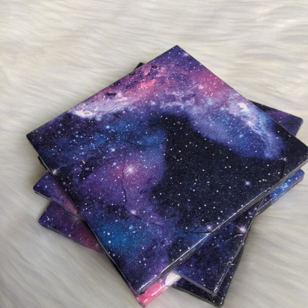 Galaxy Coasters, Set of 2 OR 4, Repurposed Coasters, Napkin Coasters, Tile Coasters, Decoupage Coasters, Drink Coaster, Space Decor