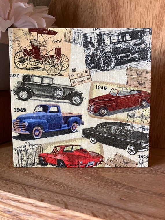 Retro Vintage Cars Decor, Decoupage Napkin Wooden Blocks, 6x6, Shelf Desk  Decor, Upcycled Art, Napkin Decor, Classic Car Gearhead Decor 