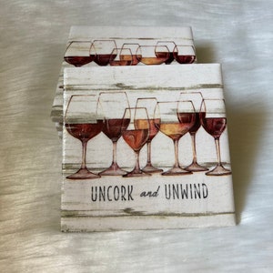 Uncork & Unwind Coasters, Set of 4, Repurposed Coasters, Napkin Coasters, Tile Coasters, Decoupage Coasters, Drink Coaster, Wineaholic Decor