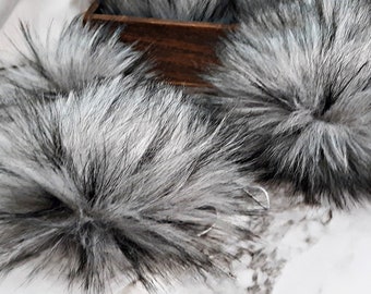 THUNDER Grey with Black Tufts Faux Fur Pom | Small Medium Large | Light Smokey Gray Fake Fur Pom | Vegan Friendly Cruelty Free Poms