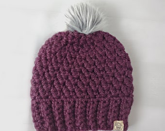 Fig Purple Beanie with Yeti Grey XL Faux Fur Pom Pom | Gypsy Dreamer Crochet