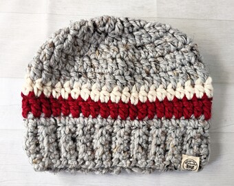 Chunky Knit Grey Red White Sock Monkey Striped Slouch Beanie