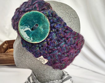 Chunky Ear Warmer with Coconut Button | Thick Teal and Purple Wrap | Handmade Head Wrap | Wide Fall Headband | Winter Accessories