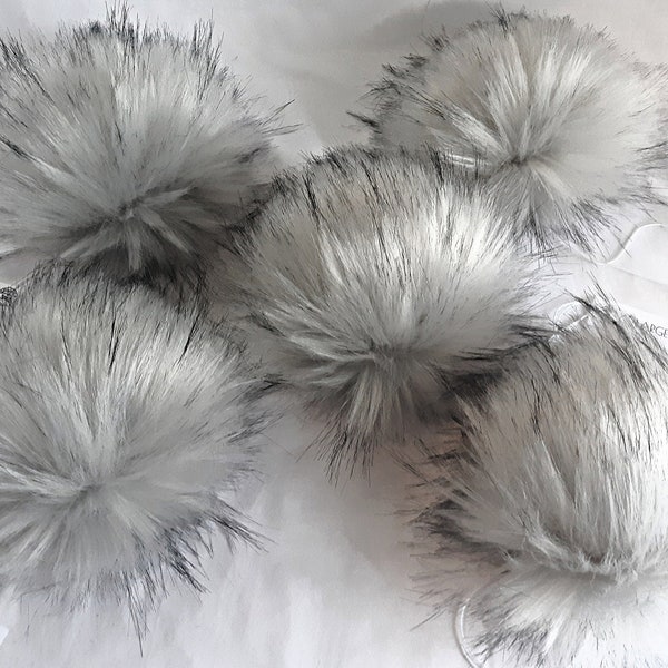 SABERWULF Silver Grey with Black Tufts Faux Fur Pom | Small Medium Large | Light Smokey Gray Fake Fur Pom | Vegan Friendly Cruelty Free Poms