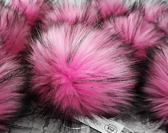 PUNK PINK Faux Fur Pom Pom, Black Tip, Vegan Friendly Craft Supply