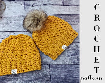Patrón de crochet para gorro con moño grueso / Tallas para adultos, niños y bebés (patrón en PDF)