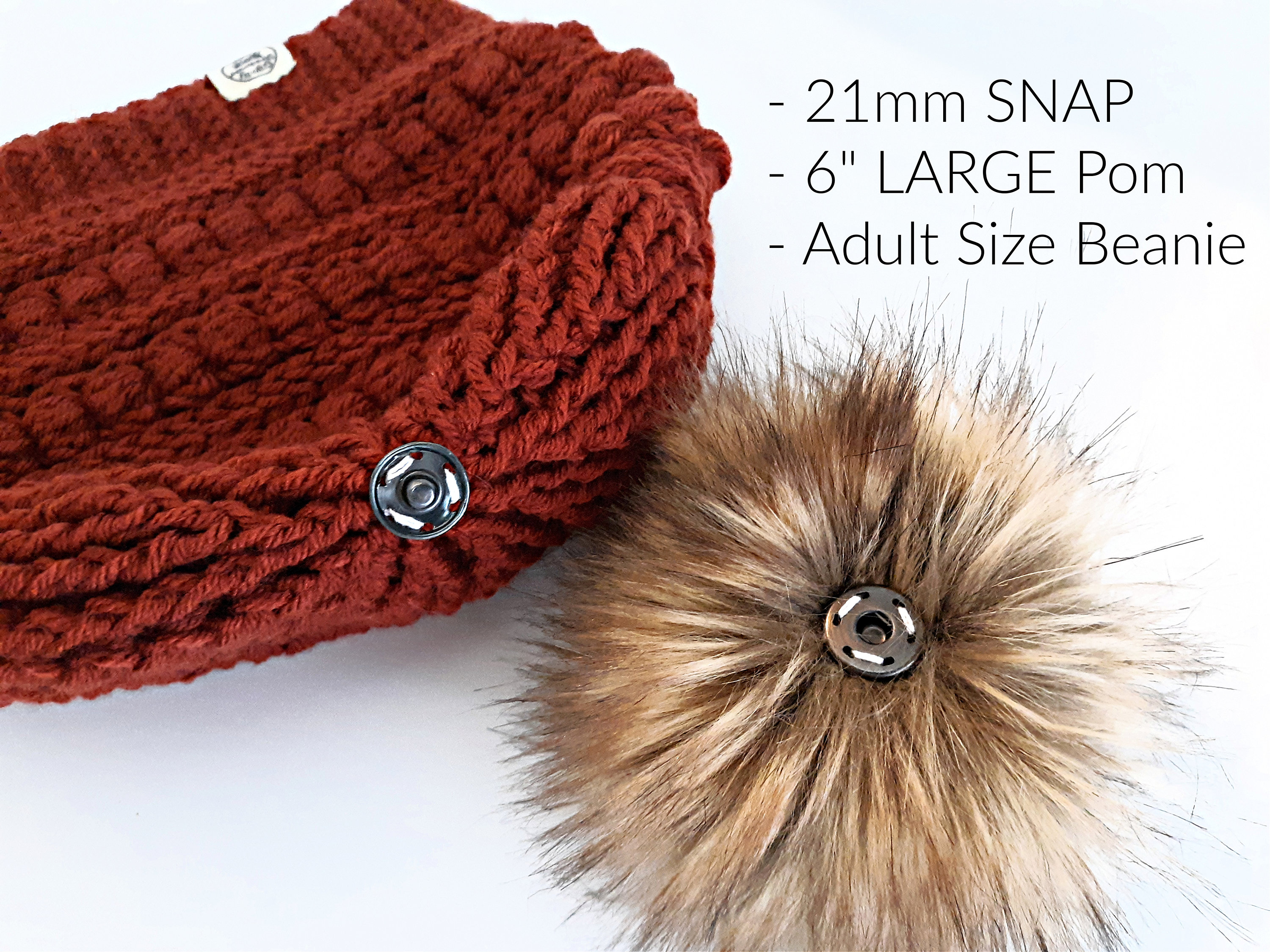 5” Diameter Fur Pom Pom with Press Snap Button for Knitted Hat Beanie Hats  (Orange top)