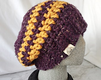 Chunky Knit XL Purple and Gold Beanie | Team Stripe Hat | Thick Cozy Trendy Slouch Cap