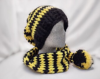 Black Yellow Long Stocking Cap/Cowl | Giant Stripe Bee Santa/Elf Hat/Scarf | Adult Chunky Knit Holiday Photo Prop Costume | Sport Team Color