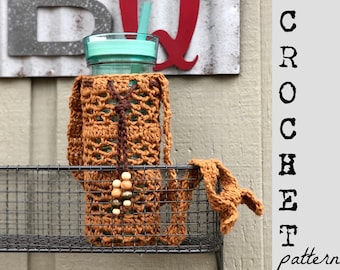 Patrón de crochet para portabotellas, patrón de bolsa de malla para botellas de agua, bolsa de vino para picnic en la playa, funda para bebidas estilo bohemio