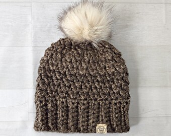 Honey Brown Beanie with Cream Faux Fur Pom Pom | Gypsy Dreamer Crochet