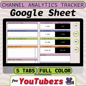 May include: A digital Google Sheet template for YouTube channel analytics, displayed on a computer monitor. The spreadsheet includes sections for goals, current stats, and progress tracking. The image also includes the text "5 Tabs Full Color" and "for YouTubers".