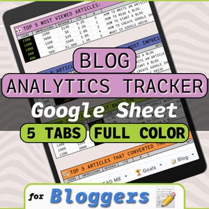May include: A screenshot of a Google Sheet template for bloggers to track blog analytics. The template has five tabs, including "Top 5 Most Viewed Articles", "Top 5 Articles That Converted the Most", "Goals", and "Blog". The template is in full color and includes columns for views, impressions, revenue, CTR, and article title.
