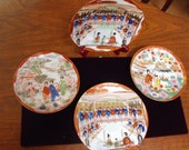 Four Colorful Geisha Plates Lot, Hand Painted Japanese Porcelain