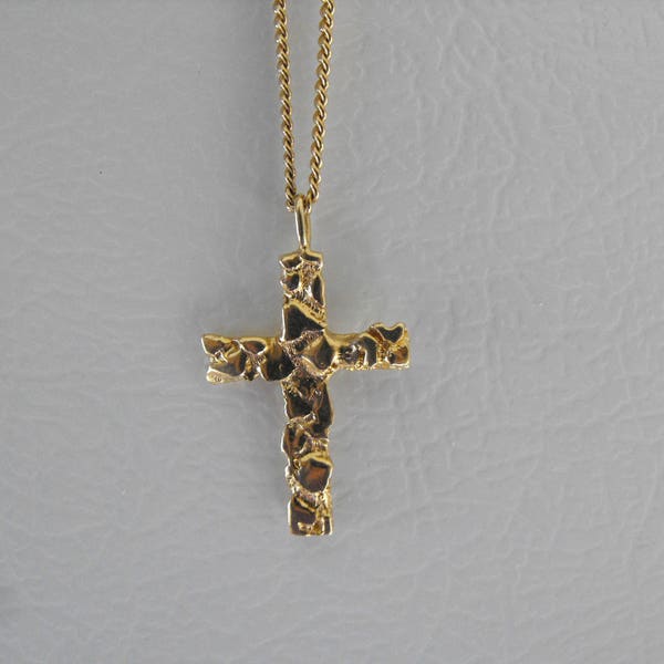 14K Gold Nugget Cross Pendant With 12K GF Chain