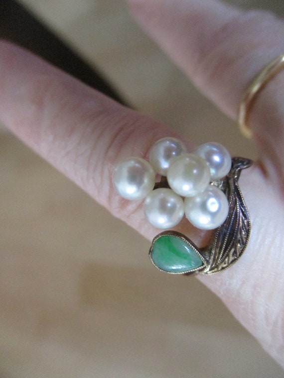 Vintage Pearls And Jade Copper Flower Ring