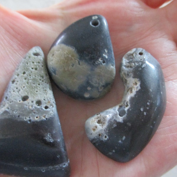 Drilled Leland Blue Stone Beads, Handmade  Michigan Slag Glass Components