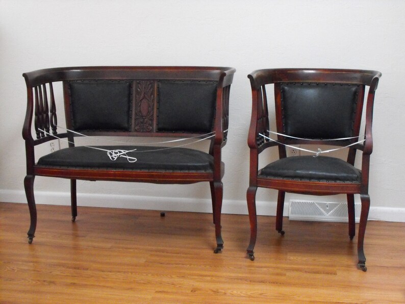 Antique 1800s Settee And Chair Set Mahogany And Black Leather Etsy