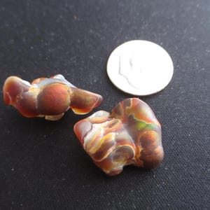 May include: Two polished, multi-colored dragon agate stones with a dime for size comparison. The stones display a mix of brown, orange, and white hues, with intricate patterns. The agate pieces have a smooth, rounded shape, and are set against a dark background.
