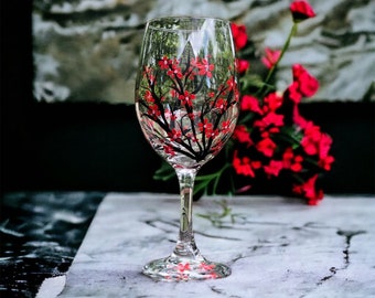 Red Blossoms, Painted Wine Glasses, Floral Wine Glasses, Gift For Her, Birthday Gift Woman, Wine Lover Gift, BFF Gift, Single Wine Glass