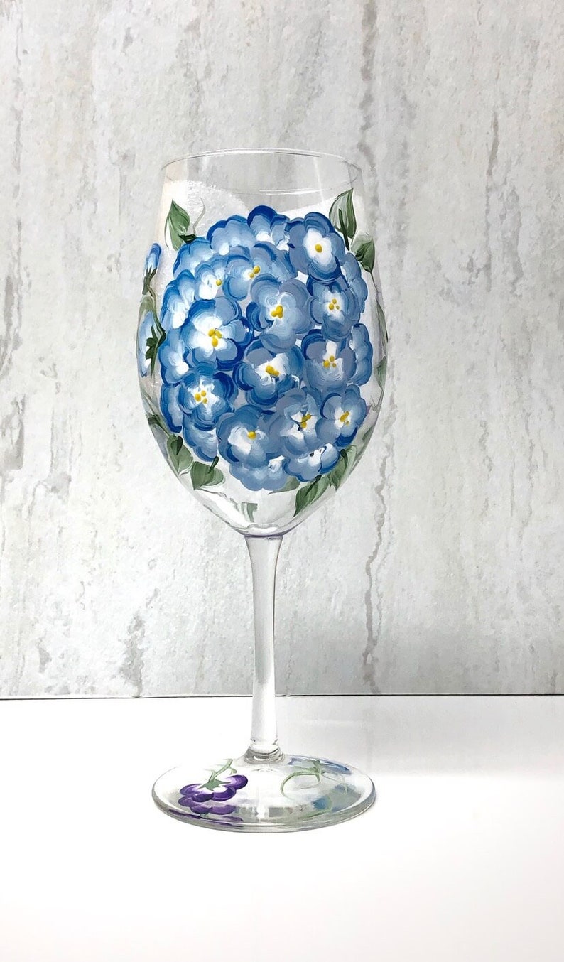 Hydrangea Wine Glass Painted Hydrangea Hand Painted Wine Etsy