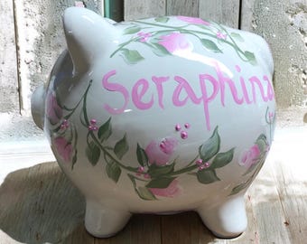 Pink Rosebuds Piggy Bank, Personalized Bank, Custom Piggy Bank, New Baby Gift, Baby Shower Gift, Girls Piggy Bank, Newborn Gift