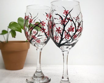 Cherry Blossoms, Painted Wine Glasses, Floral Wine Glasses, Gift For Her, Birthday Gift Woman, Wine Lover Gift, BFF Gift, Hand Painted Gift