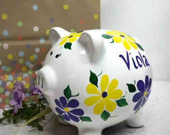 Hand Painted Daisy Piggy Bank, Personalized Ceramic Bank, Baby Shower Gift