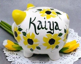 Sunflower Piggy Bank, Personalized Bank, New Baby Gift, Baby Shower Gift, Girls Piggy Bank, Newborn Gift, Hand Painted Bank