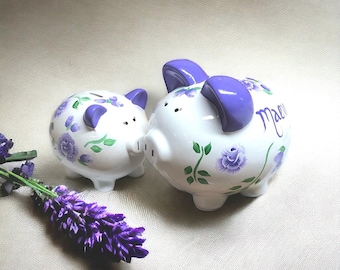 Lavender Floral Bank, Personalized Bank, Custom Piggy Bank, New Baby Gift, Baby Shower Gift, Girls Piggy Bank, Newborn Gift