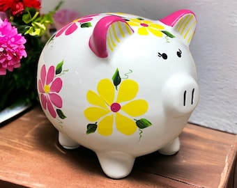 Yellow and Pink Daisy Piggy Bank, Personalized Bank, New Baby Gift, Baby Shower Gift, Girls Piggy Bank, Newborn Gift, Hand Painted Bank