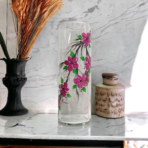 Hand Painted Vase With Pink Flowers, Hand Painted Gift, Floral Vase, Painted Pink Flower, Painted Glassware, Painted Vase, Gift For Her
