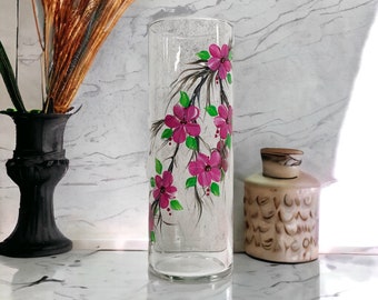 Hand Painted Vase With Pink Flowers, Hand Painted Gift, Floral Vase, Painted Pink Flower, Painted Glassware, Painted Vase, Gift For Her