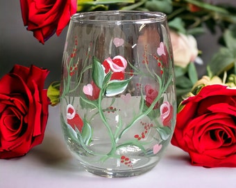 Hand Painted Valentine&#39;s Day Wine Glass, Red Roses on Wine Glass, Pink Hearts Wine Glass, Ready to Ship, Sweetheart Gift, Valentine Gift