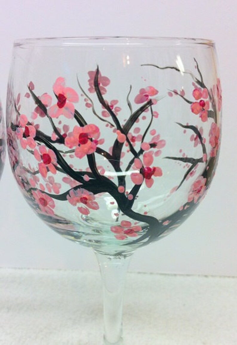 Cherry Blossoms Painted Wine Glasses Floral Wine Glasses Etsy