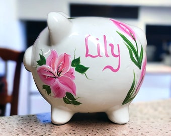 Pink Floral Bank, Personalized Bank, Custom Piggy Bank, New Baby Gift, Baby Shower Gift, Girls Piggy Bank, Newborn Gift