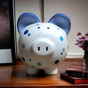 Personalized Piggy Bank, Custom Piggy Bank, New Baby Gift, Baby Shower Gift, Boys Piggy Bank, Newborn Gift, Polka Dot Pig, Blue Piggy Bank